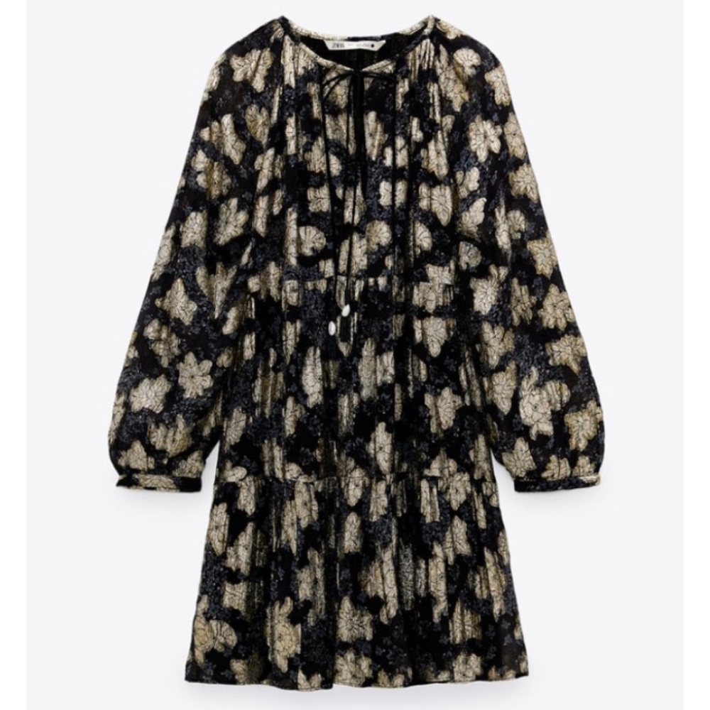 NWT ZARA Voluminous Gold Floral Printed Dress